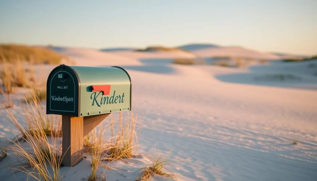 An image of the Kindred Spirit mailbox nestled among the dunes of Bird Island.