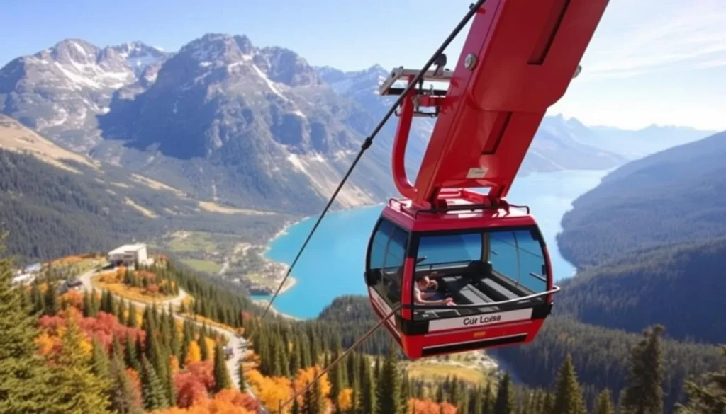 An image of the Lake Louise Sightseeing Gondola ascending to the mountain top with Lake Louise in the background.