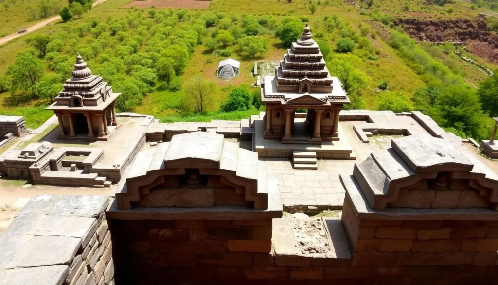 An image of the Malhar Archaeological Site, featuring ancient temples and ruins