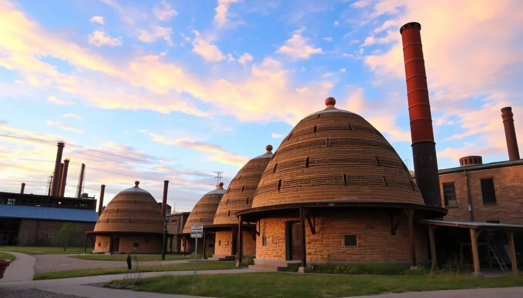 An image of the Medalta Historic Clay District in Medicine Hat, Alberta, showcasing its preserved beehive kilns and industrial heritage.