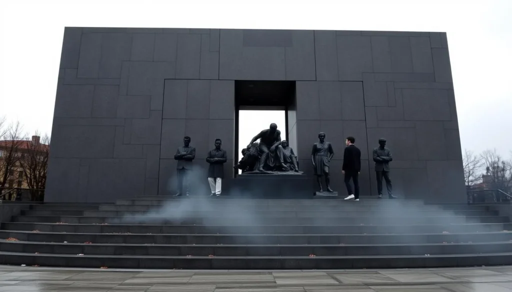 An image of the Memorial of Offenders of Repression, featuring its dramatic sculptures and somber atmosphere.