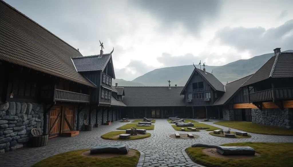 An image of the Midgard Viking Center in Borre, showcasing its reconstructed great hall.