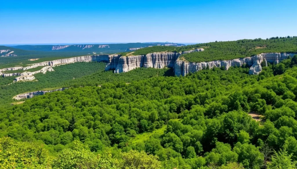 An image of the Moravian Karst landscape with lush greenery and unique rock formations.