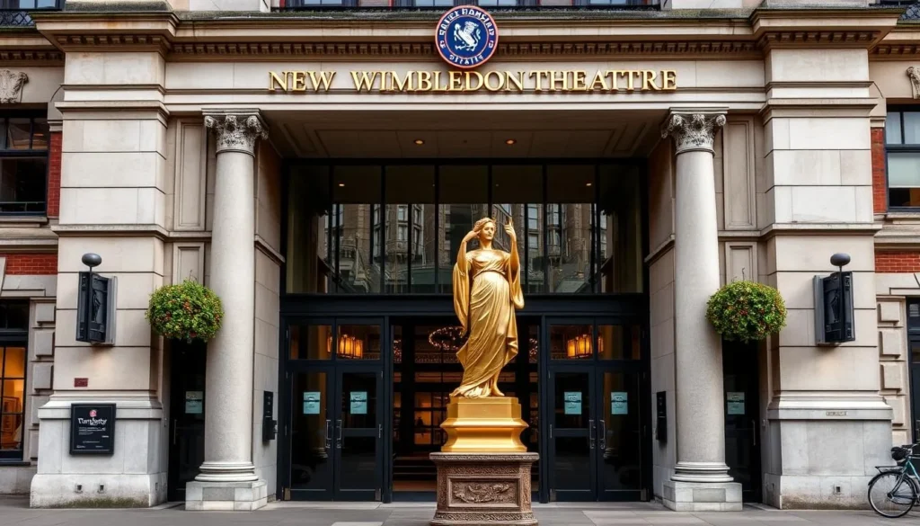 An image of the New Wimbledon Theatre's grand entrance with its iconic gold statue of Laetitia.