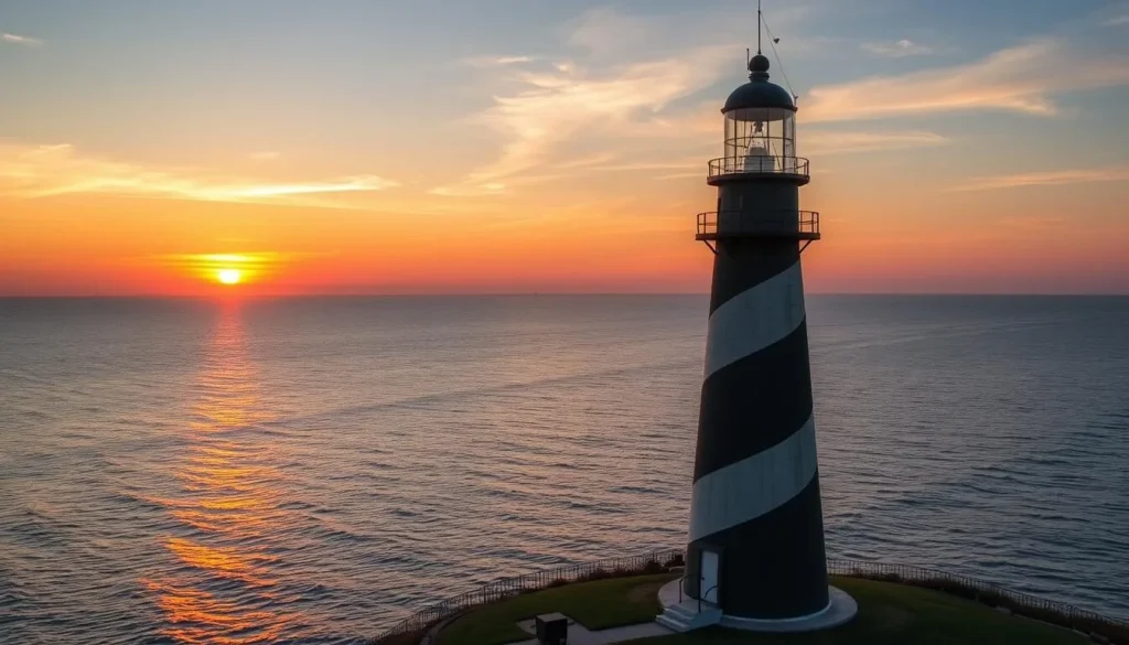 An image of the Oak Island Lighthouse at sunset with the Atlantic Ocean in the background.