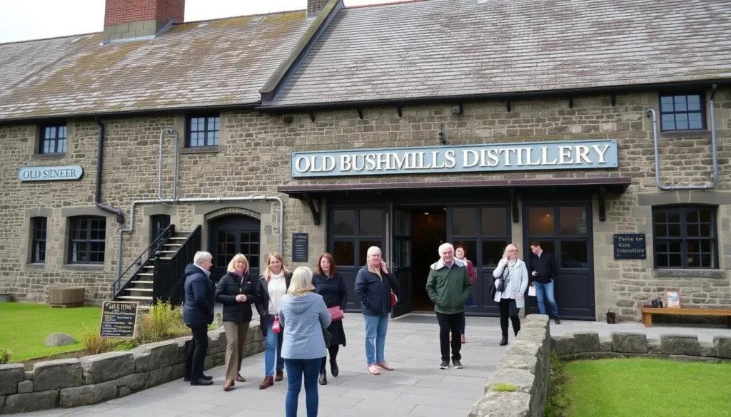 An image of the Old Bushmills Distillery exterior with a guided tour group