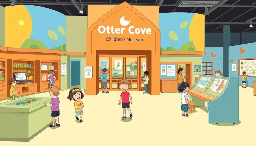 An image of the Otter Cove Children's Museum in Fergus Falls, with kids playing at interactive exhibits.