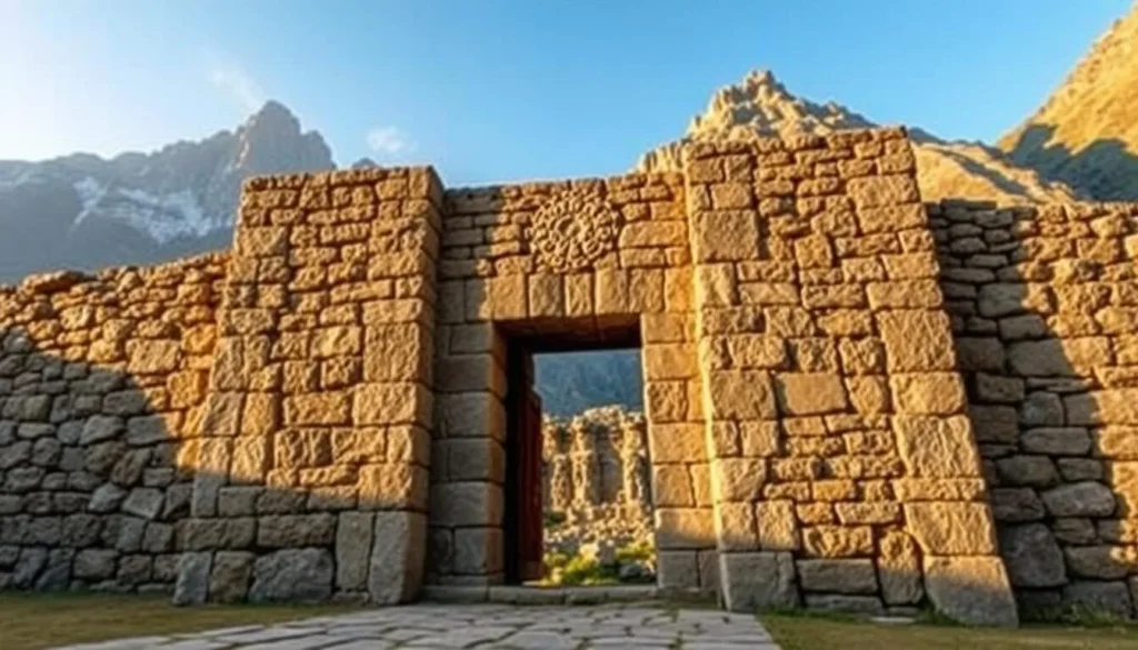 An image of the Pisac Archaeological Site's main entrance with the Andes mountains in the background
