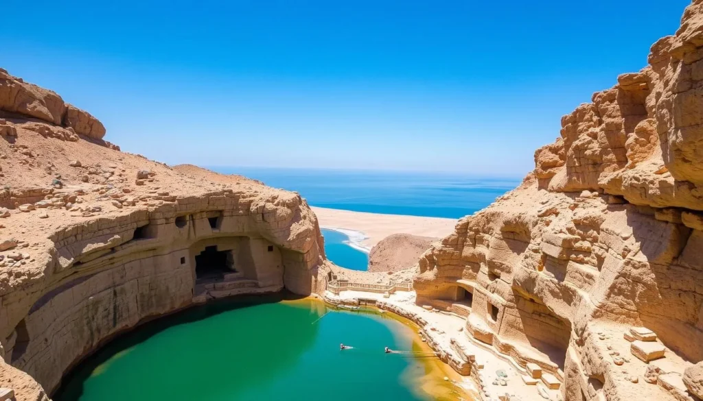 An image of the Qumran Caves archaeological site with the Dead Sea in the background