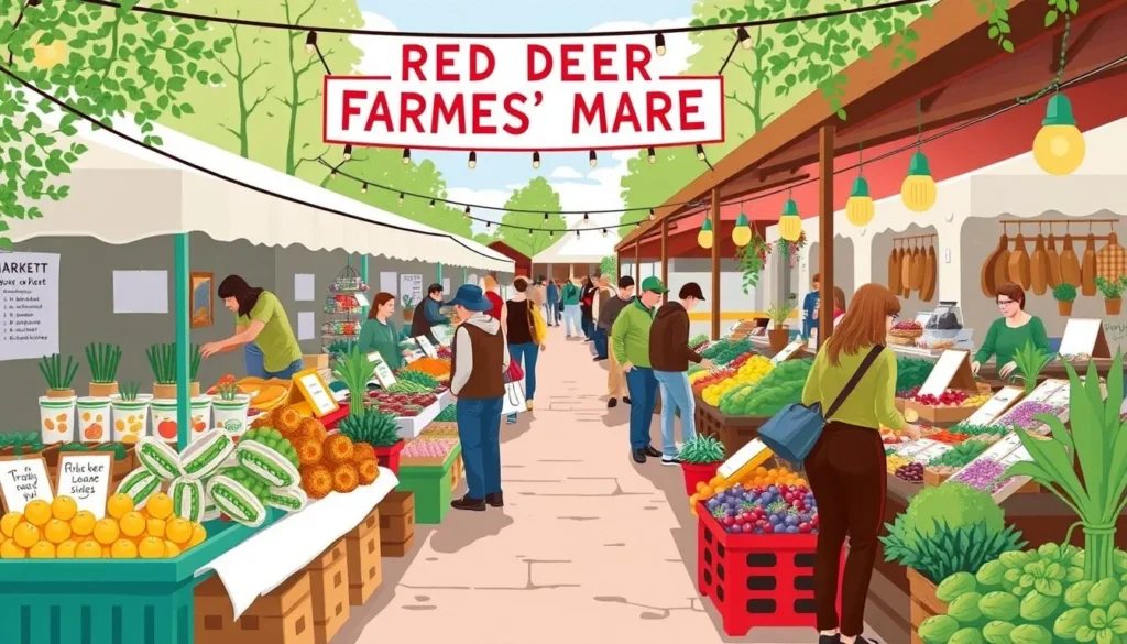 An image of the Red Deer Farmers' Market with vendors selling fresh produce and handmade goods.