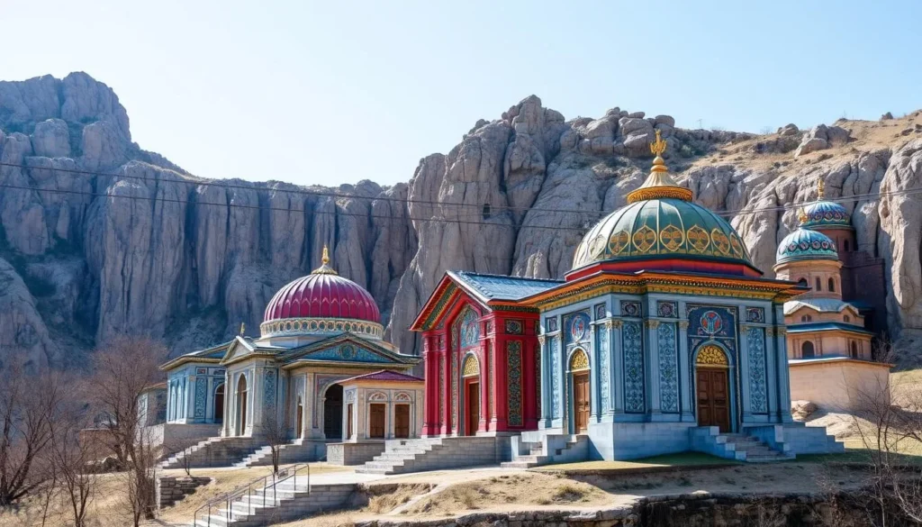 An image of the Revash Mausoleums, with their colorful walls and intricate designs, nestled into the mountain cliff. An image of the Revash Mausoleums, with their colorful walls and intricate designs, nestled into the mountain cliff.