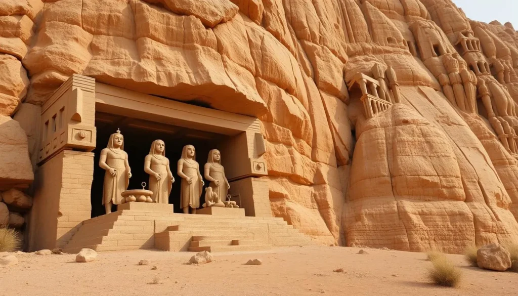 An image of the Sarcophagi of Karajia perched on a cliff face, with anthropomorphic figures standing tall. An image of the Sarcophagi of Karajia perched on a cliff face, with anthropomorphic figures standing tall.