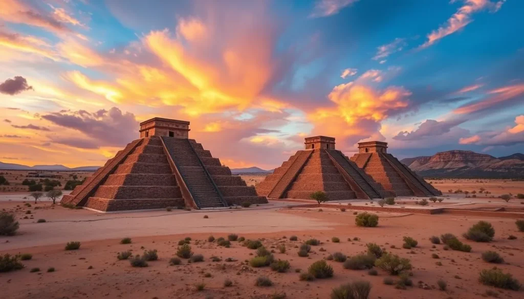 An image of the Túcume Pyramids, showcasing the vast adobe structures in a desert landscape.