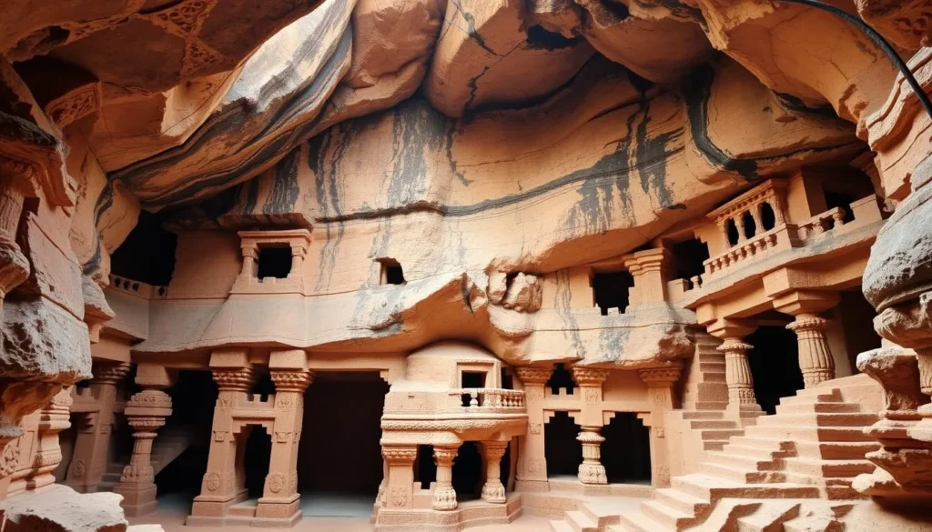 An image of the Undavalli Caves, showcasing their intricate rock-cut architecture.