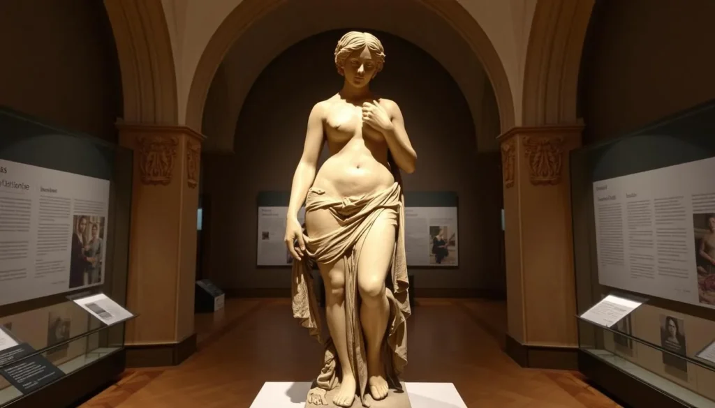 An image of the Venus of Dolní Věstonice, an ancient ceramic statue on display in a museum.