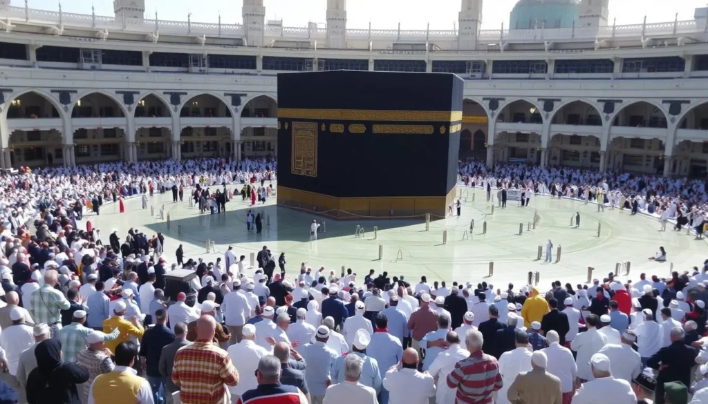 An image of the Zamzam Well in Mecca, surrounded by pilgrims.