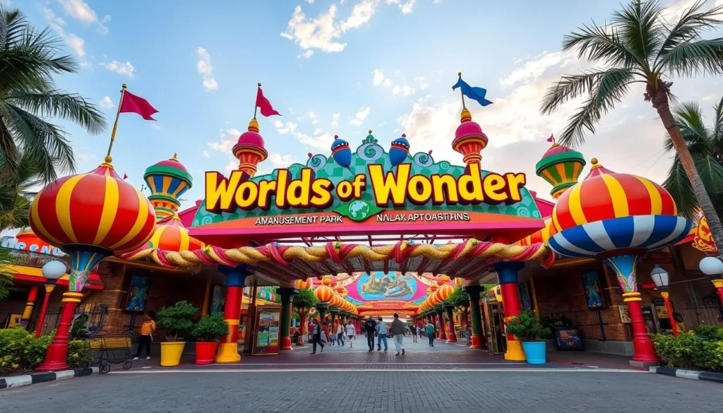An image of the entrance of Worlds of Wonder amusement park in Noida.