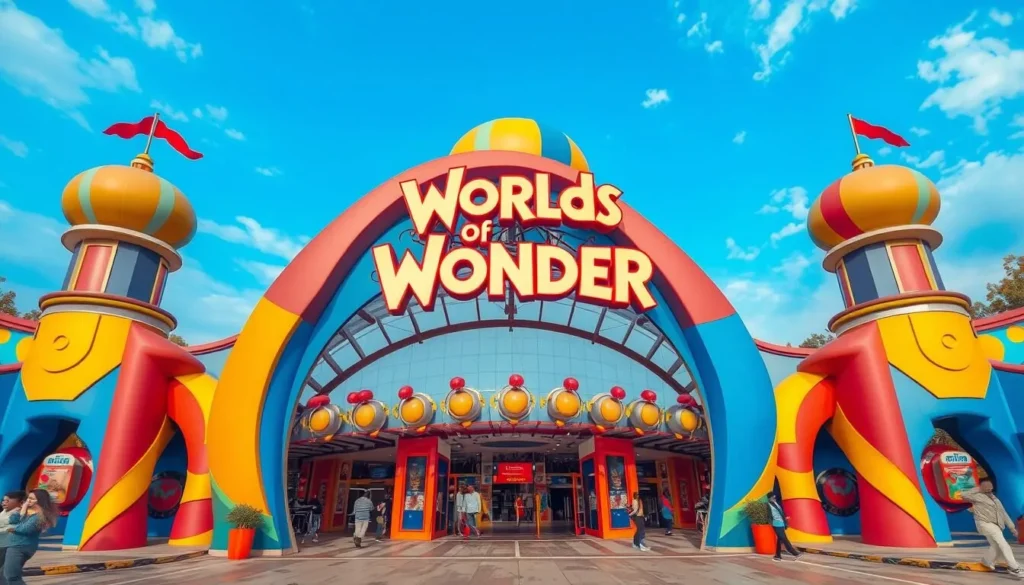An image of the entrance of Worlds of Wonder theme park in Noida, showcasing its vibrant colors and lively atmosphere.