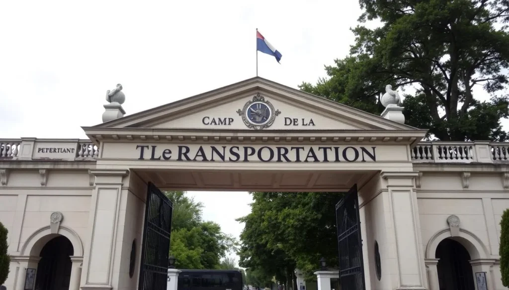 An image of the imposing entrance gate of Camp de la Transportation with its inscription "Transportation"