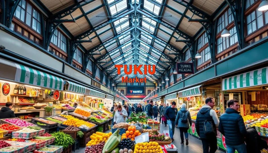 An image of the interior of Turku Market Hall, showcasing various food stalls and fresh produce.