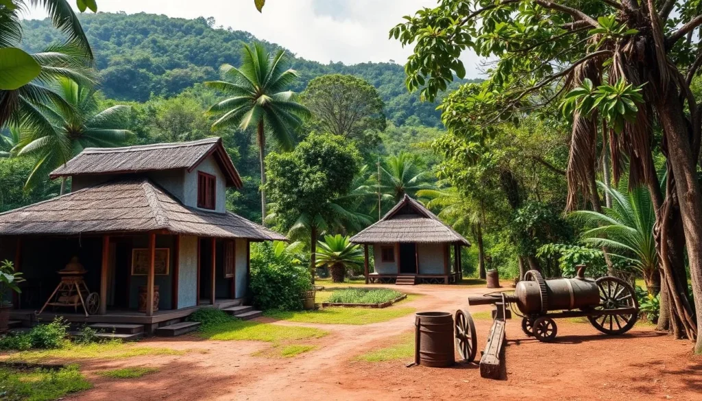 An image of the old cocoa plantation with its original structures and equipment.