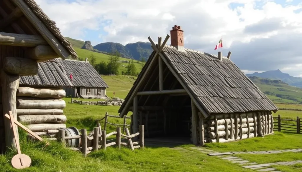 An image of the reconstructed Viking buildings at Avaldsnes Viking Farm, showcasing traditional Viking architecture.