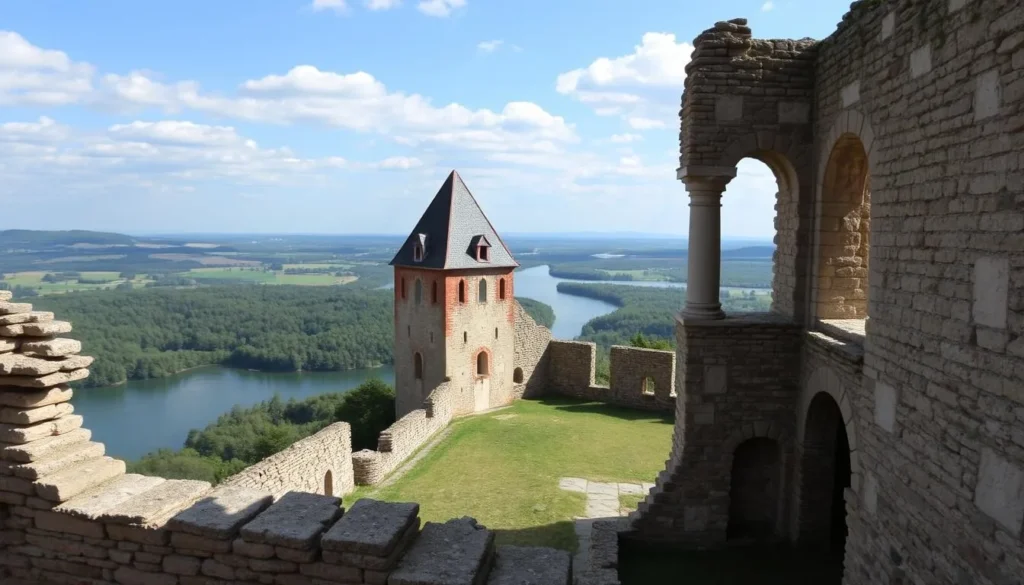 An image of the ruins of Dívčí Hrady Castle, with a view of the Nove Mlyny Reservoirs in the background.