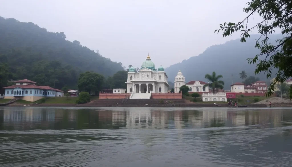 An image of the serene ISKCON Temple situated on the banks of the Mahananda River