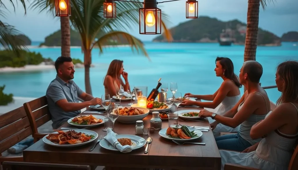 An intimate dining scene set against the backdrop of the pristine, azure waters and verdant islands of the Los Roques Archipelago. A wooden dining table is adorned with fresh seafood dishes, local produce, and crisp white linens, casting a warm glow under the gentle illumination of hanging lanterns. Guests converse leisurely, savoring the flavors and tranquil atmosphere as a gentle breeze rustles the palm fronds. The composition captures the essence of dining in this tropical paradise, showcasing the region's natural beauty and the vibrant culinary offerings that define the Los Roques experience.