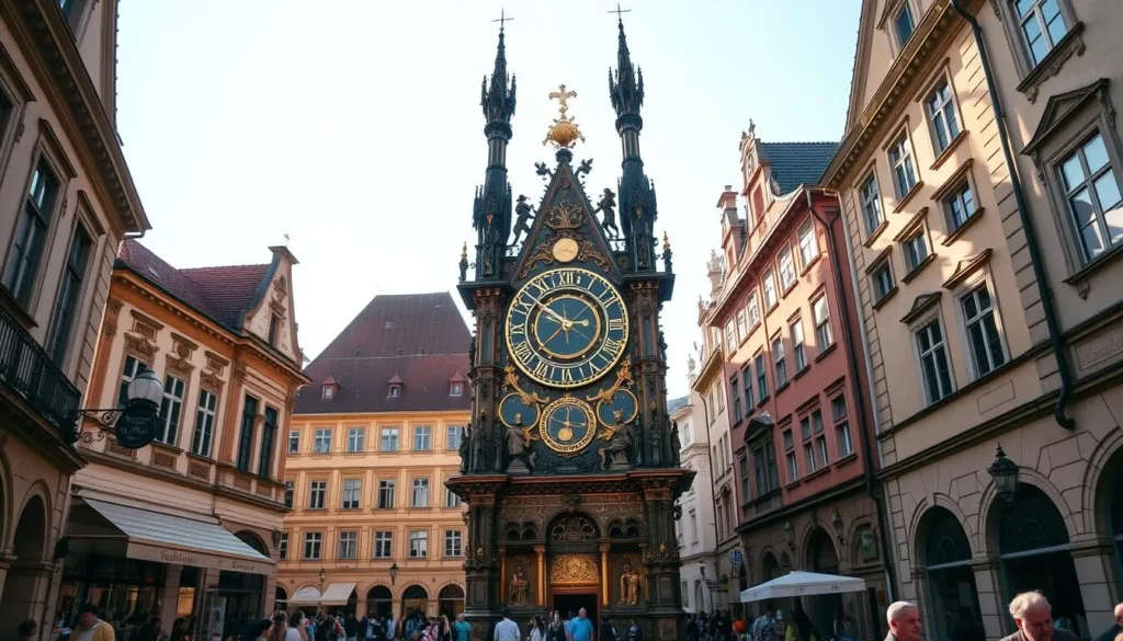 An intricate, ornate astronomical clock standing prominently in the historic town square of Brno, Czechia. Towering over the bustling pedestrians, its ornate bronze and stone facade gleams in the warm afternoon sunlight. Elaborate figurines and dials adorn its face, meticulously crafted to display celestial movements and the passage of time. The clock is framed by the charming surrounding architecture, creating a captivating scene that reflects the city's unique and captivating heritage. Soft shadows and highlights accentuate the clock's intricate details, conveying a sense of timeless elegance and wonder.
