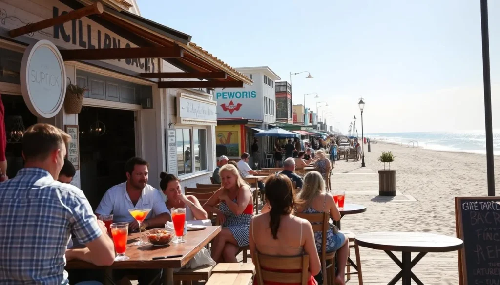 An inviting outdoor scene at Kure Beach, North Carolina, showcasing the vibrant local food scene. In the foreground, a group of friends gather at a lively beachside restaurant, enjoying fresh seafood dishes and craft cocktails under the warm sun. The middle ground features a bustling boardwalk lined with charming eateries, their facades adorned with coastal decor. In the background, the pristine sandy beach and sparkling azure waters of the Atlantic Ocean create a serene backdrop. Soft natural lighting bathes the scene, evoking a laid-back, vacation-like atmosphere. Capture the essence of Pleasure Island's thriving culinary hub.