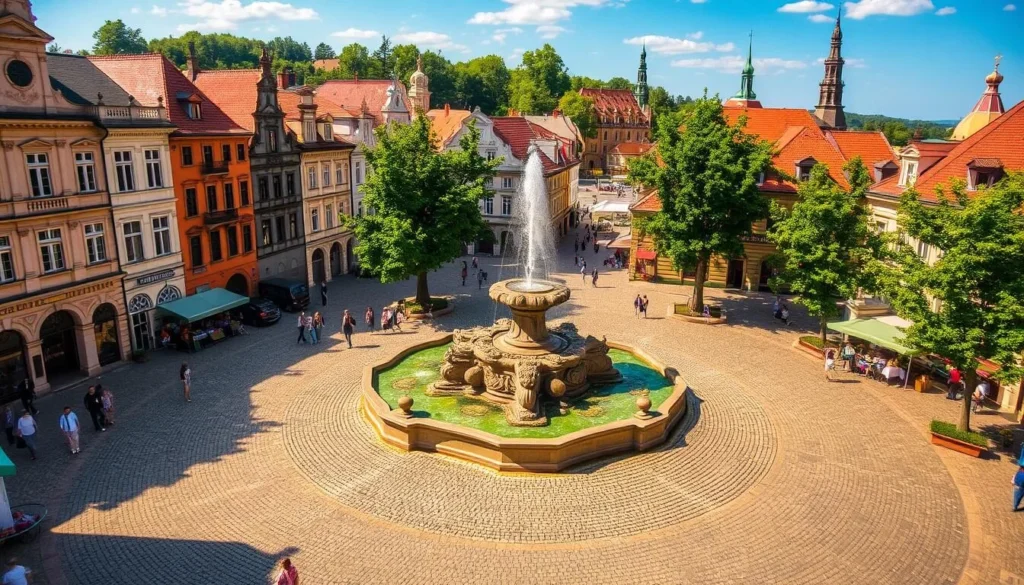 An old-world town square in Litomysl, Czechia, bathed in warm sunlight. Cobblestone streets wind through a tapestry of historic buildings - ornate Baroque facades, colorful spires, and charming cafes spilling onto the plaza. In the center, a majestic fountain cascades over carved stone, surrounded by locals and visitors strolling leisurely. Lush trees line the perimeter, their dappled shadows playing across the scene. The atmosphere is one of timeless elegance and community, inviting the viewer to step into this picturesque European town center.