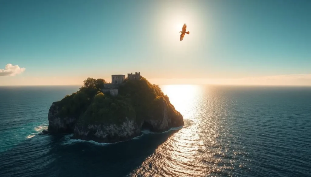 An ominous, rocky island jutting out of the shimmering turquoise waters of the Atlantic Ocean, its towering cliffs casting long shadows over the azure expanse. Crumbling, moss-covered buildings peek out from behind lush, verdant foliage, hinting at the island's dark history as a notorious French penal colony. The sun beats down from a cloudless sky, casting a warm, golden glow over the scene. A lone seabird soars overhead, its cry echoing across the waves. The atmosphere is one of both natural beauty and haunting isolation, a contrast that captures the essence of the infamous "Devil's Island."