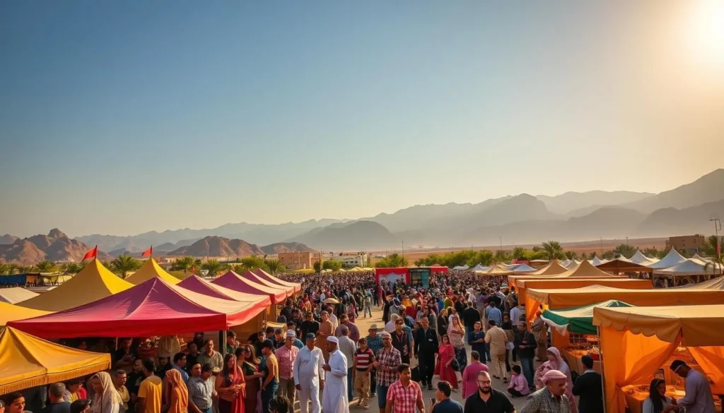 An outdoor festival in Oman, bustling with vibrant energy. In the foreground, a lively crowd gathers around brightly colored tents and stalls selling traditional handicrafts and delicious local cuisine. In the middle ground, musicians and performers captivate the audience with their enchanting music and dance. The background showcases the stunning natural landscape of Oman, with majestic mountains and a clear, blue sky. The warm, golden sunlight casts a gentle glow over the entire scene, creating a serene and inviting atmosphere. The overall mood is one of cultural celebration and joyful exploration.
