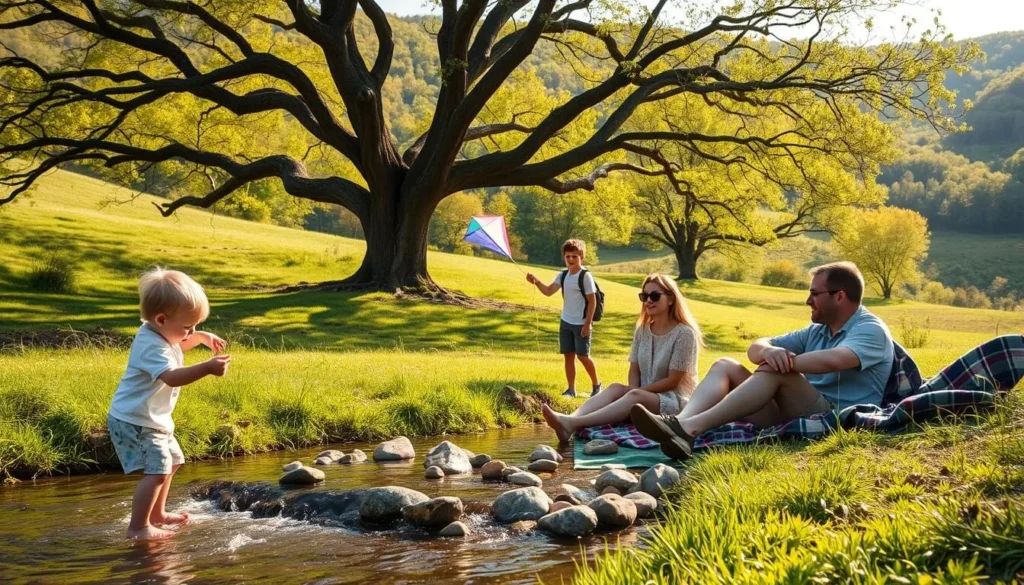 An outdoor scene in the rolling Appalachian Mountains, with a family of four engaged in various activities. In the foreground, a young child skips stones across a tranquil creek, while their parents observe nearby, relaxing on a plaid blanket. In the middle ground, a teenage sibling flies a kite, its colorful tail dancing in the gentle breeze. Surrounding the family, the lush, verdant landscape is illuminated by soft, natural sunlight, creating a warm, inviting atmosphere. Mature oak and maple trees line the background, their branches providing dappled shade. The overall mood is one of peaceful togetherness, capturing the essence of family-friendly outdoor adventures in the picturesque Appalachian Mountains.