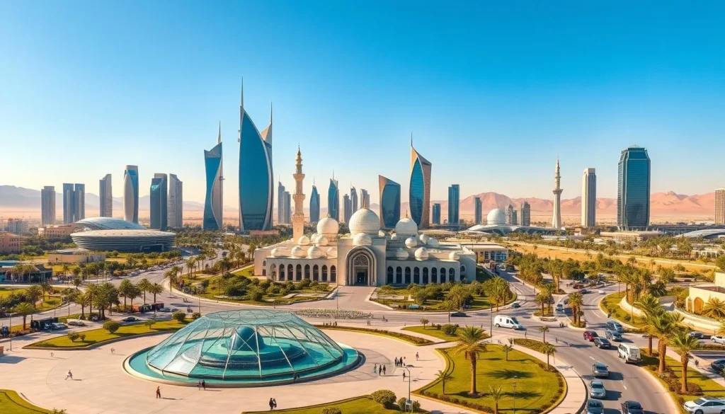 An ultramodern skyline of Medina, Saudi Arabia, with sleek skyscrapers and high-rise buildings rising against a clear blue sky. In the foreground, a bustling plaza with a stunning geometric fountain feature, surrounded by lush green landscaping and people strolling. The middle ground features a mix of contemporary architecture, including a striking white mosque with intricate Islamic designs. The background showcases the arid desert landscape, with distant mountains and a hazy horizon. The scene is bathed in warm, golden sunlight, creating a vibrant and futuristic atmosphere.