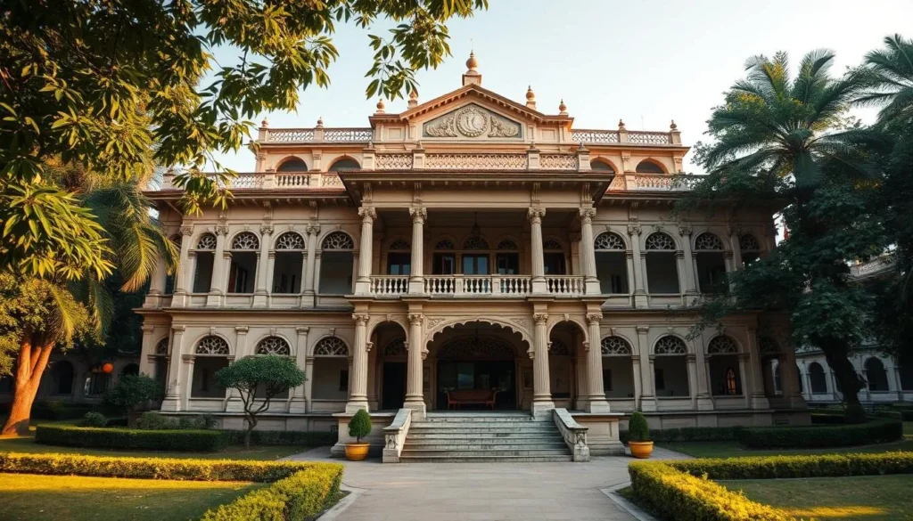 Anand Bhavan Museum, a stately colonial-era mansion in Prayagraj, Uttar Pradesh, stands proudly amidst lush greenery. Capture its grand facade, with intricate architectural details, columns, and arched windows bathed in warm, golden sunlight. Inside, showcase the meticulously preserved interiors, showcasing period furnishings, artwork, and personal effects that provide a glimpse into the lives of the Nehru family. Utilize a wide, panoramic lens to convey the scale and grandeur of this important historical site, while maintaining a sense of tranquility and reverence. Emphasize the museum's role as a repository of Indian history and culture, evoking a mood of contemplation and appreciation for the nation's storied past.