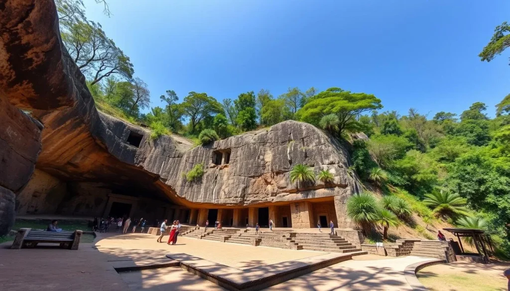 Ancient Buddhist caves at Kanheri within Sanjay Gandhi National Park surrounded by lush forest