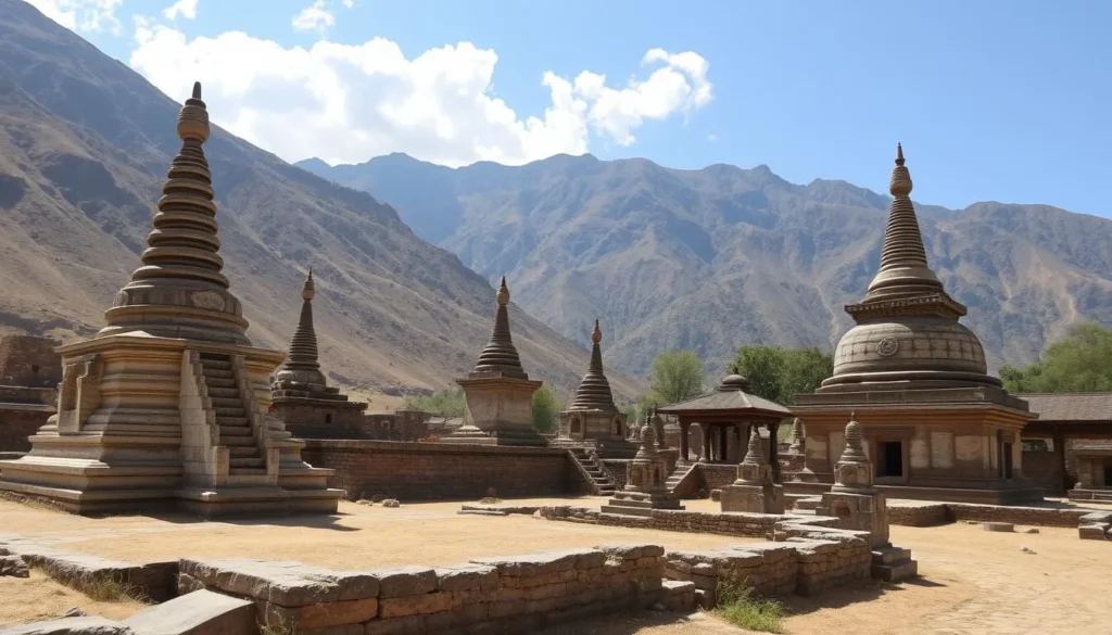 Ancient Buddhist ruins in Swat Valley showing stupas and monastery remains