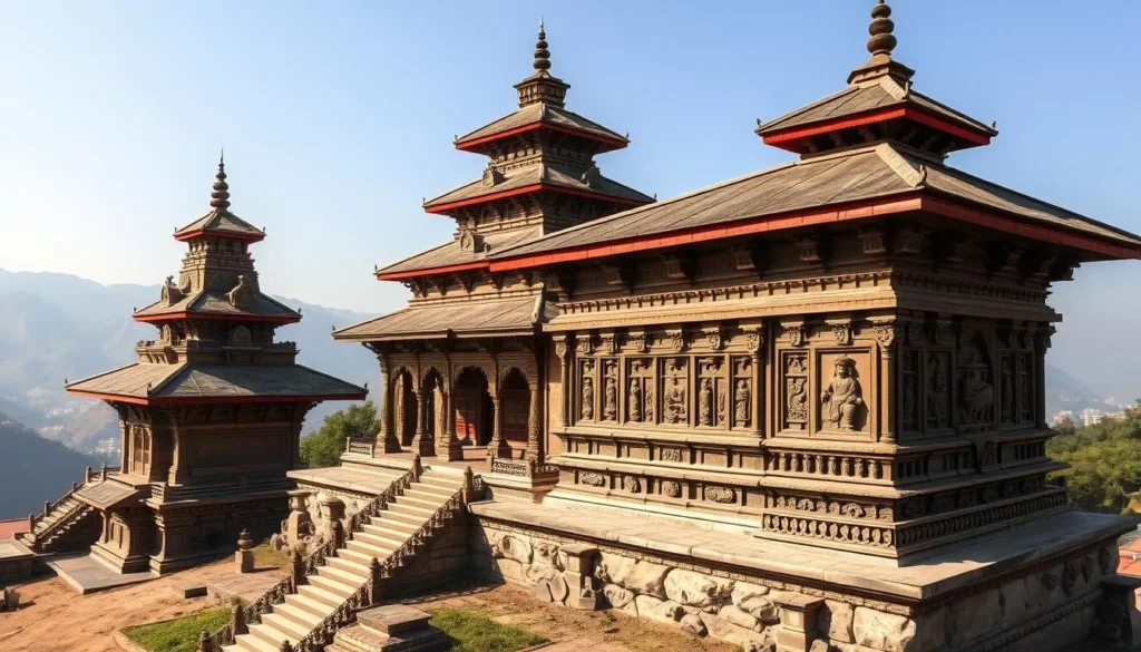 Ancient Changu Narayan Temple with intricate wood carvings and stone sculptures on a hilltop