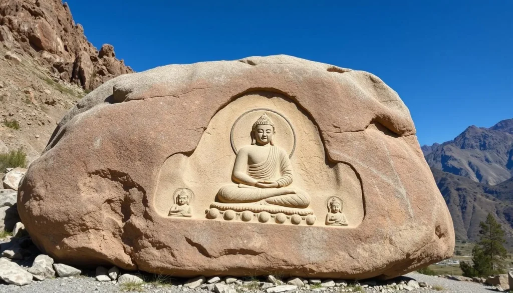 Ancient carved Buddha figure on the Manthal Buddha Rock with mountains in the background