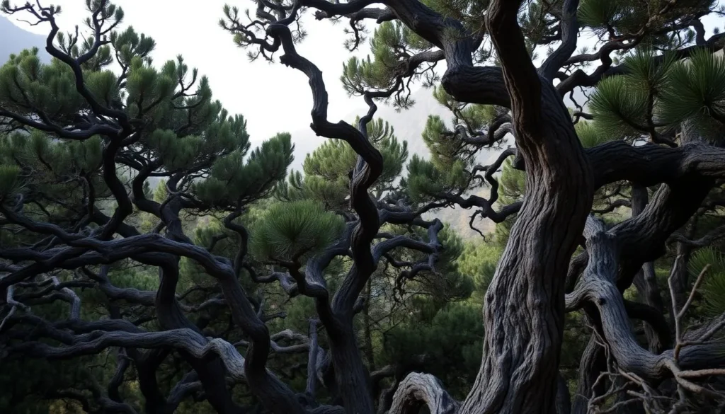 Ancient juniper trees in Ziarat Forest with misty mountain backdrop