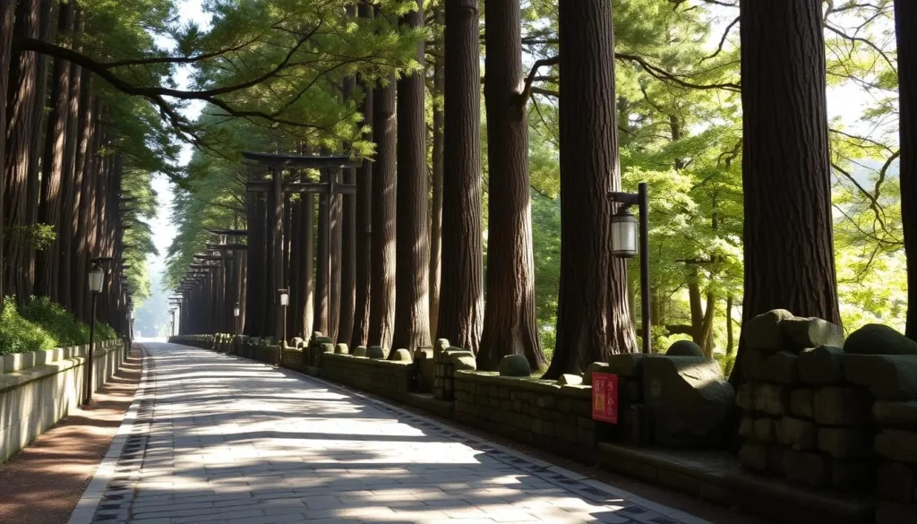 Ancient stone-paved path of the Old Tokaido Highway in Hakone lined with tall cedar trees