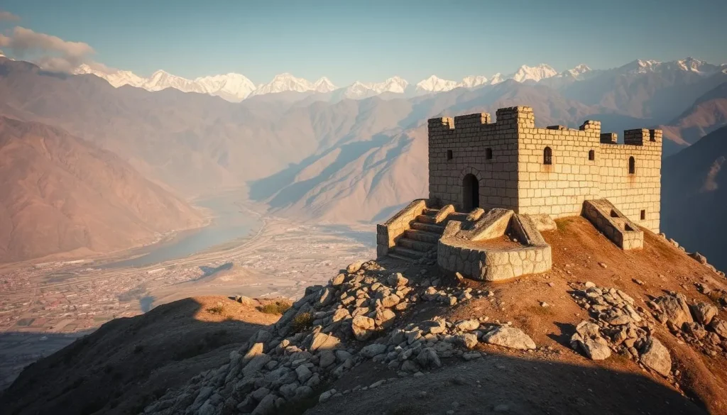 Ancient stone ruins of Kharpocho Fort perched on a rocky hill overlooking Skardu town and the Indus River
