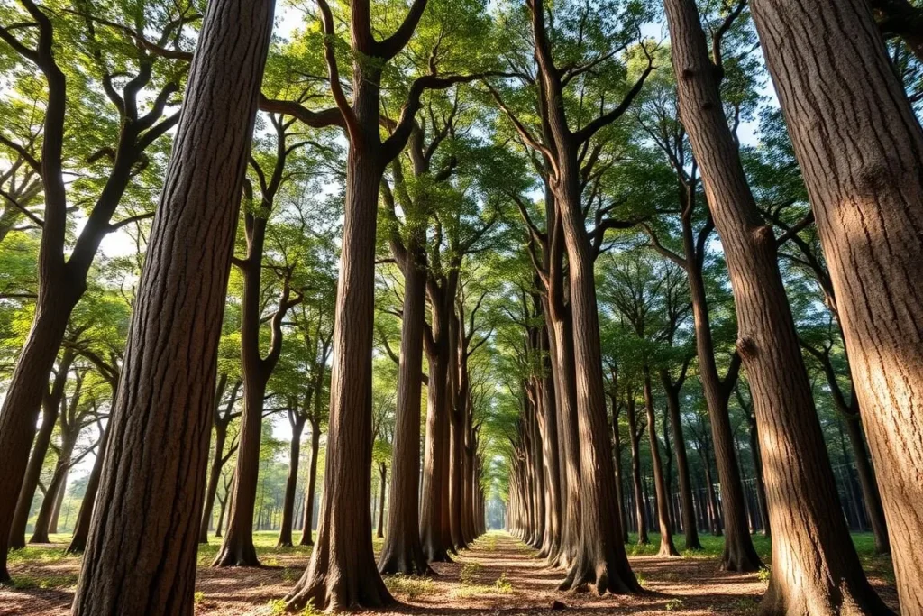 Ancient teak trees in Kaptai National Park showing tall mature trees with sunlight filtering through Ancient teak trees in Kaptai National Park showing tall mature trees with sunlight filtering through