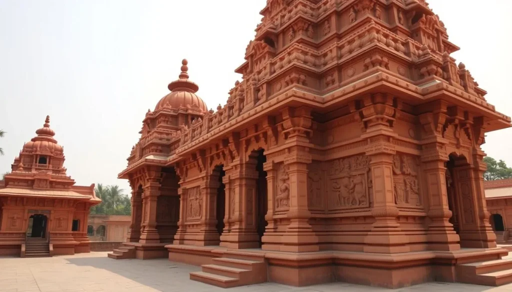 Ancient terracotta temple in Bishnupur with intricate carvings depicting scenes from Hindu epics Ancient terracotta temple in Bishnupur with intricate carvings depicting scenes from Hindu epics