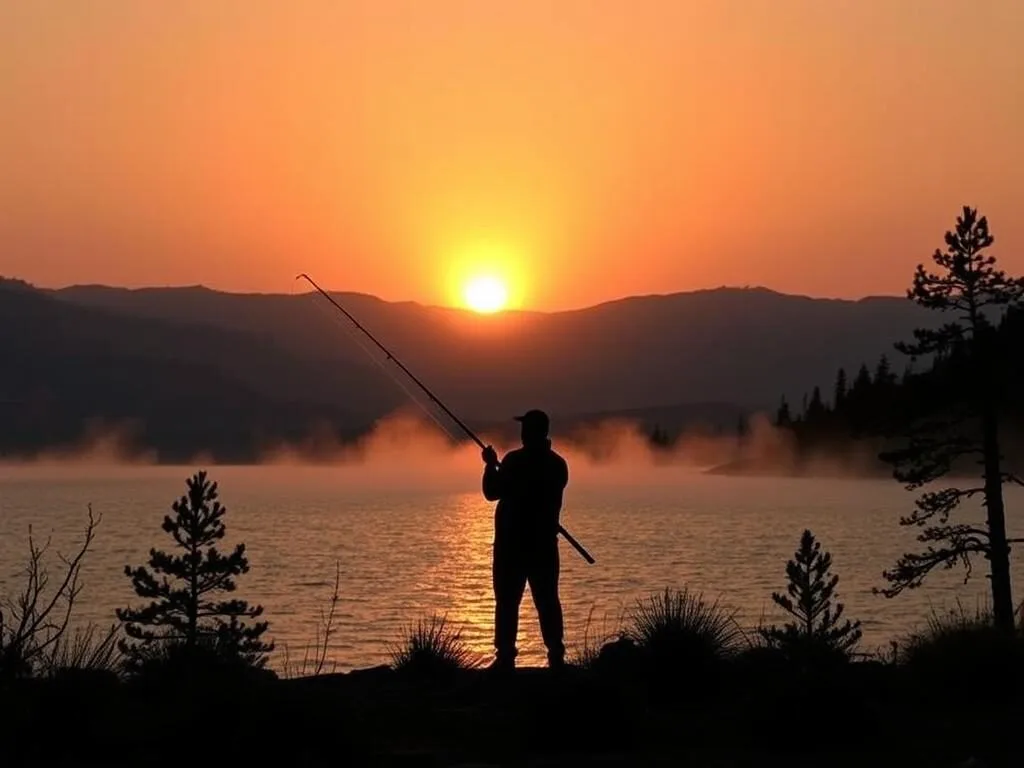 Angler fishing from the East Shore of Big Bear Lake at sunrise