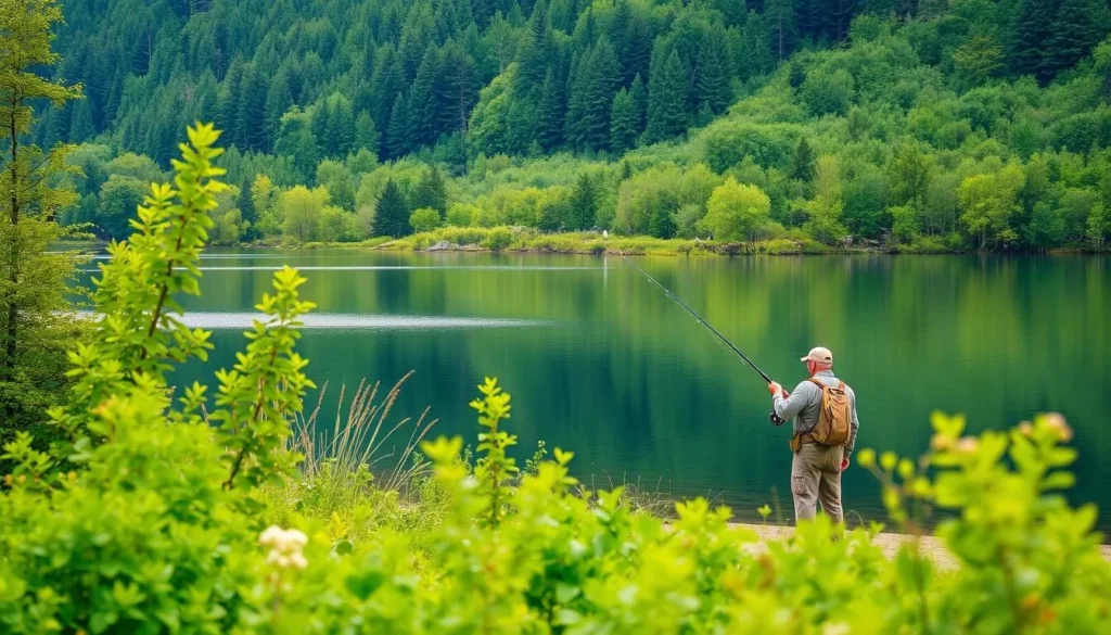 Angler fishing in a serene lake within Kjolen National Park, surrounded by lush greenery