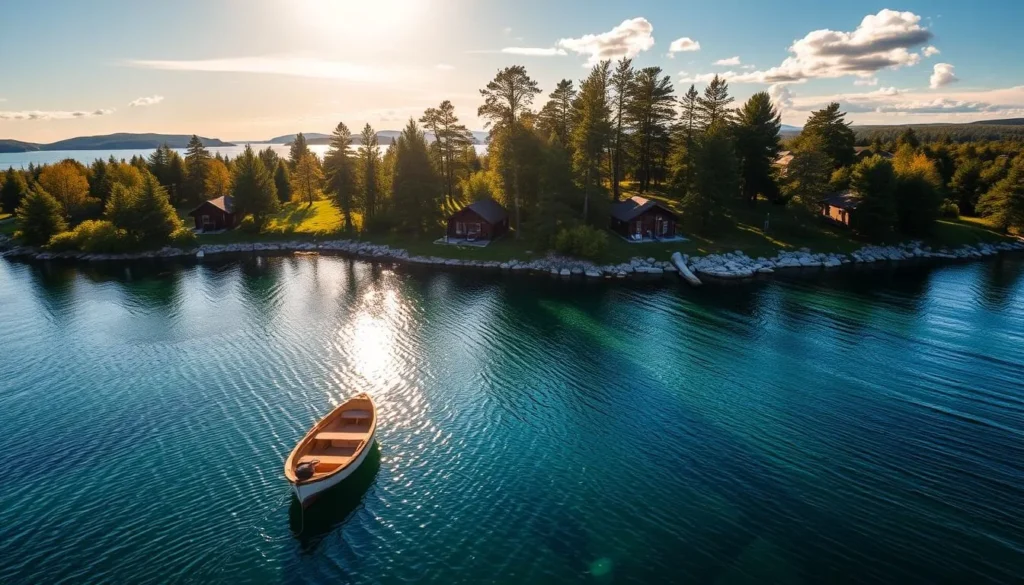 Archipelago National Park, Finland: a serene island paradise. Crystal-clear waters reflecting the sky, dotted with charming wooden cottages nestled among lush greenery. Warm sunlight filters through the pine trees, casting a golden glow. A small boat gently drifts in the foreground, inviting exploration of hidden coves and rocky shores. In the distance, rolling hills and scattered islands create a picturesque horizon. The tranquil atmosphere and natural beauty evoke a sense of escape and rejuvenation, perfectly capturing the essence of unique accommodations in this enchanting archipelago. Archipelago National Park, Finland: a serene island paradise. Crystal-clear waters reflecting the sky, dotted with charming wooden cottages nestled among lush greenery. Warm sunlight filters through the pine trees, casting a golden glow. A small boat gently drifts in the foreground, inviting exploration of hidden coves and rocky shores. In the distance, rolling hills and scattered islands create a picturesque horizon. The tranquil atmosphere and natural beauty evoke a sense of escape and rejuvenation, perfectly capturing the essence of unique accommodations in this enchanting archipelago.