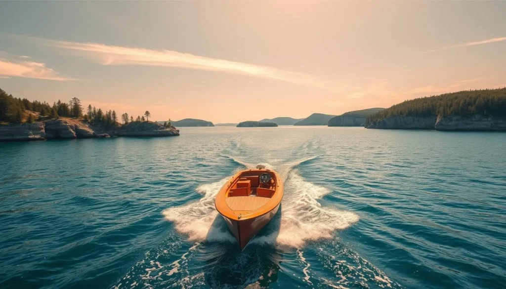 Archipelago National Park boating on a sunny summer day. A wooden motorboat glides across the calm, azure waters, surrounded by a picturesque landscape of granite islands, pine-covered cliffs, and gently rolling hills. The boat's wake creates a soft, mesmerizing pattern on the surface. Soft, warm lighting filters through wispy clouds, casting a golden glow over the scene. The overall atmosphere is one of tranquility and natural beauty, inviting the viewer to imagine the peaceful, leisurely experience of exploring this stunning Finnish archipelago. Archipelago National Park boating on a sunny summer day. A wooden motorboat glides across the calm, azure waters, surrounded by a picturesque landscape of granite islands, pine-covered cliffs, and gently rolling hills. The boat's wake creates a soft, mesmerizing pattern on the surface. Soft, warm lighting filters through wispy clouds, casting a golden glow over the scene. The overall atmosphere is one of tranquility and natural beauty, inviting the viewer to imagine the peaceful, leisurely experience of exploring this stunning Finnish archipelago.